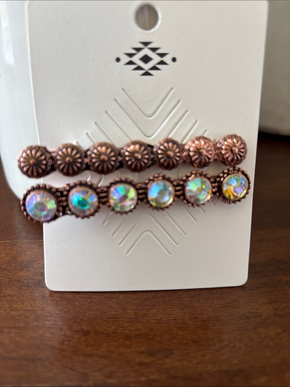 Coppertone Hairpins click back/barrette,bezel iridescent stones shimmer,Western,